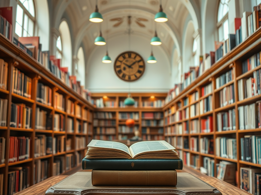 Изображение библиотеки с рядам книг и открытой книгой на столе. Освещение мягкое и уютное.