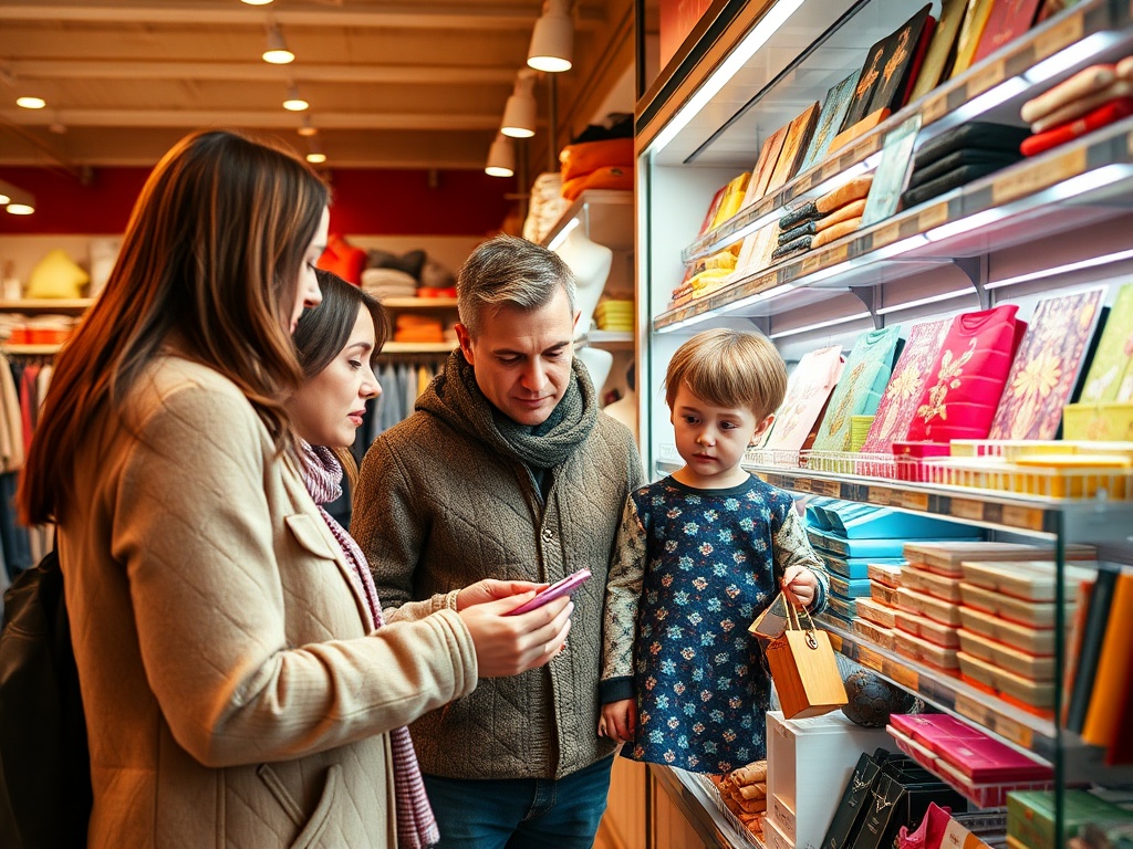 Семья выбирает подарки в магазине, рассматривая яркие товары и обсуждая покупки. Рядом маленький孩.