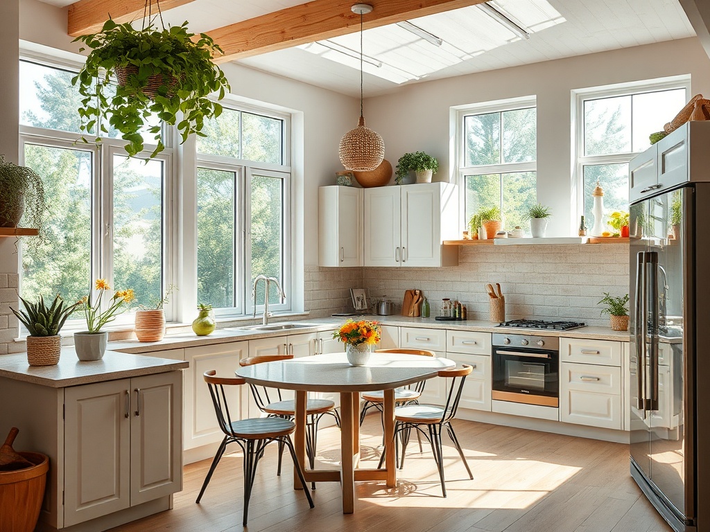 Современная кухня с большими окнами, растениями и обеденным столом, наполненная светом и уютом.