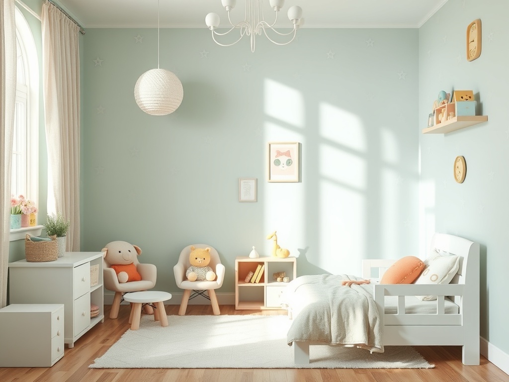 Светлая детская комната с уютной мебелью, игрушками и мягким освещением.