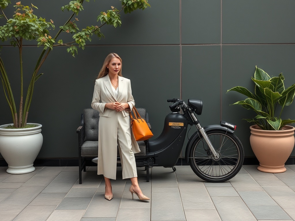 Женщина в стильном костюме стоит рядом с мотоциклом, держа оранжевую сумку, на фоне зелёных растений.