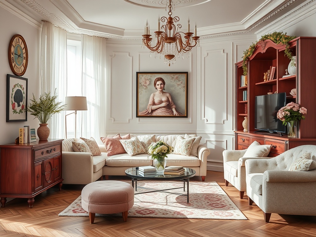 Светлая гостиная с классической мебелью, картинами и уютным декором. Великолепные детали интерьера.